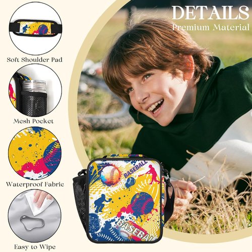 Kids Insulated Lunch Bag Boys - Lunch Box Reusable Thermal Waterproof Lightweight for Girls Toddler Teen Lunch Tote Bag with Strap for Work Picnic Outdoors (Baseball)