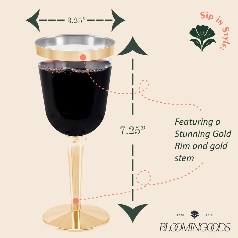 BloominGoods Disposable Wine Glasses With Stem, 10 Oz. Gold Rim Plastic Wine Glasses For Parties, Weddings, Large Clear Wine Cups Plastic, 50 Ct.