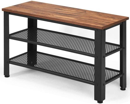 FANTASK Vintage Industrial Style Shoe Storage Bench Rack with 2 Mesh Shelves, Rustic Brown