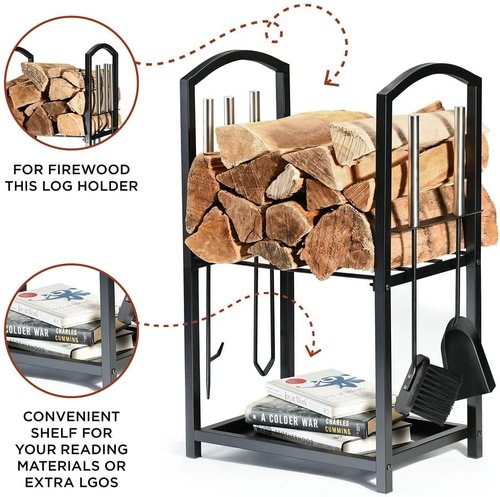 HOME IT Firewood Rack - 2-Tier Indoor/Outdoor Holder with Tools Set | Waterproof Steel Pipe, Black, 17x12x29