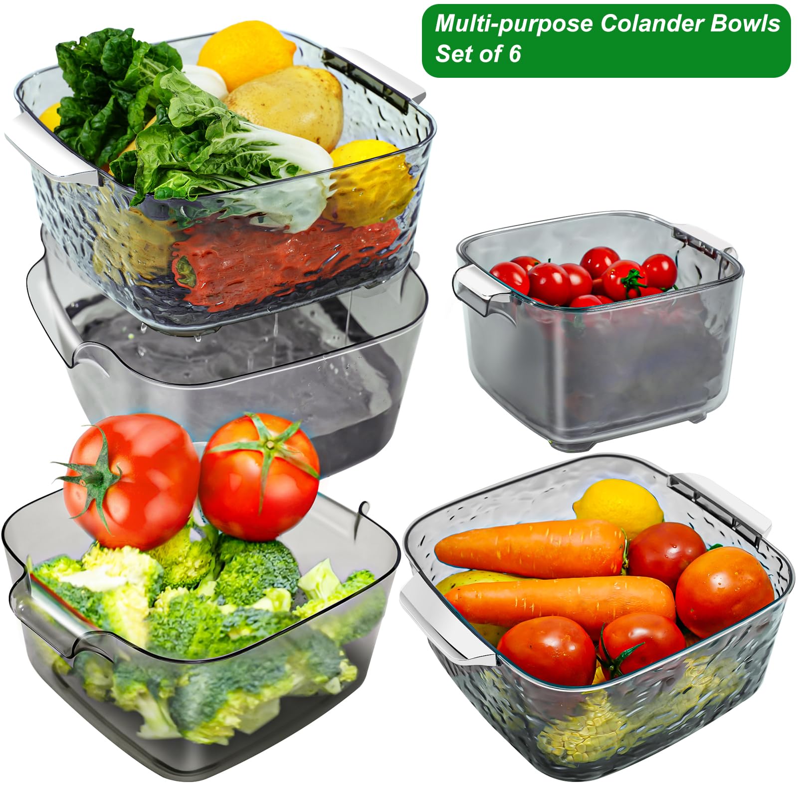 Taiuloo 6-Piece Colander Strainer Bowl Set, BPA-Free Plastic Fruit & Vegetable Washing Basket, Kitchen Colanders & Mixing Bowls for Pasta Berry Salad, 2/3.5/7QT