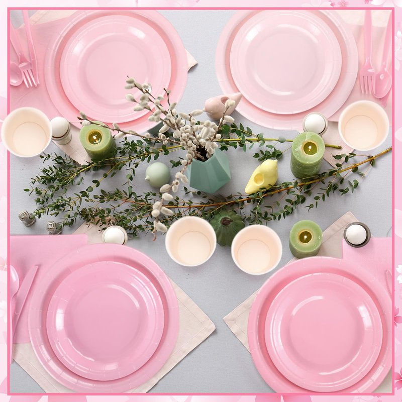 Nuogo 168 Pcs Pink Party Supplies Set Pink Paper Plates Napkins Cups Plastic Spoons Forks Knives Disposable Dinnerware for Birthday Baby Shower Wedding