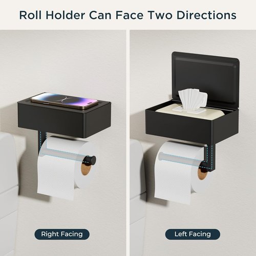 FORIOUS Toilet Paper Holder - Wall-Mounted Storage with Shelf & Tampon Receptacle | Matte Black