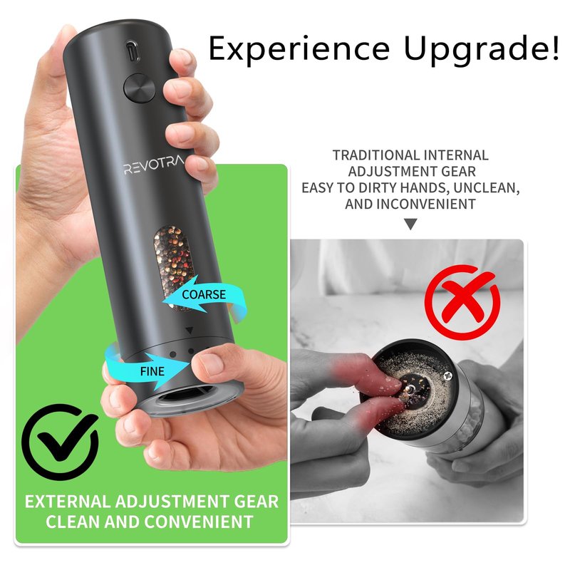 Electric Salt and Pepper Grinder Set, Rechargeable Automatic Salt and Pepper Shakers with 6 Adjustable Coarseness, Christmas Gift, Larger Capacity, LED Light, One-Handed Operation, 2 Packs
