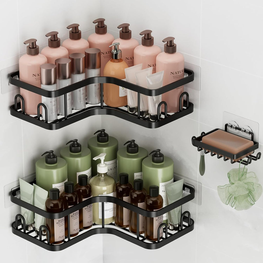 Veken Corner Adhesive Shower Caddy 3-Pack - Rustproof, Waterproof Bathroom Organizers | No Drilling, Black