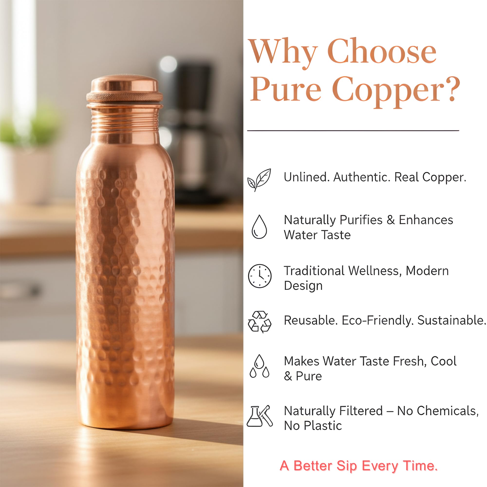Copper Water Bottle 34oz - 100% Pure Ayurvedic Handcrafted Design - Eco-friendly Premium Quality - Bpa-free Heavy Duty Leak-proof & Lab-tested - Health Benefits for Daily Use, Sports, Travel & Gifting