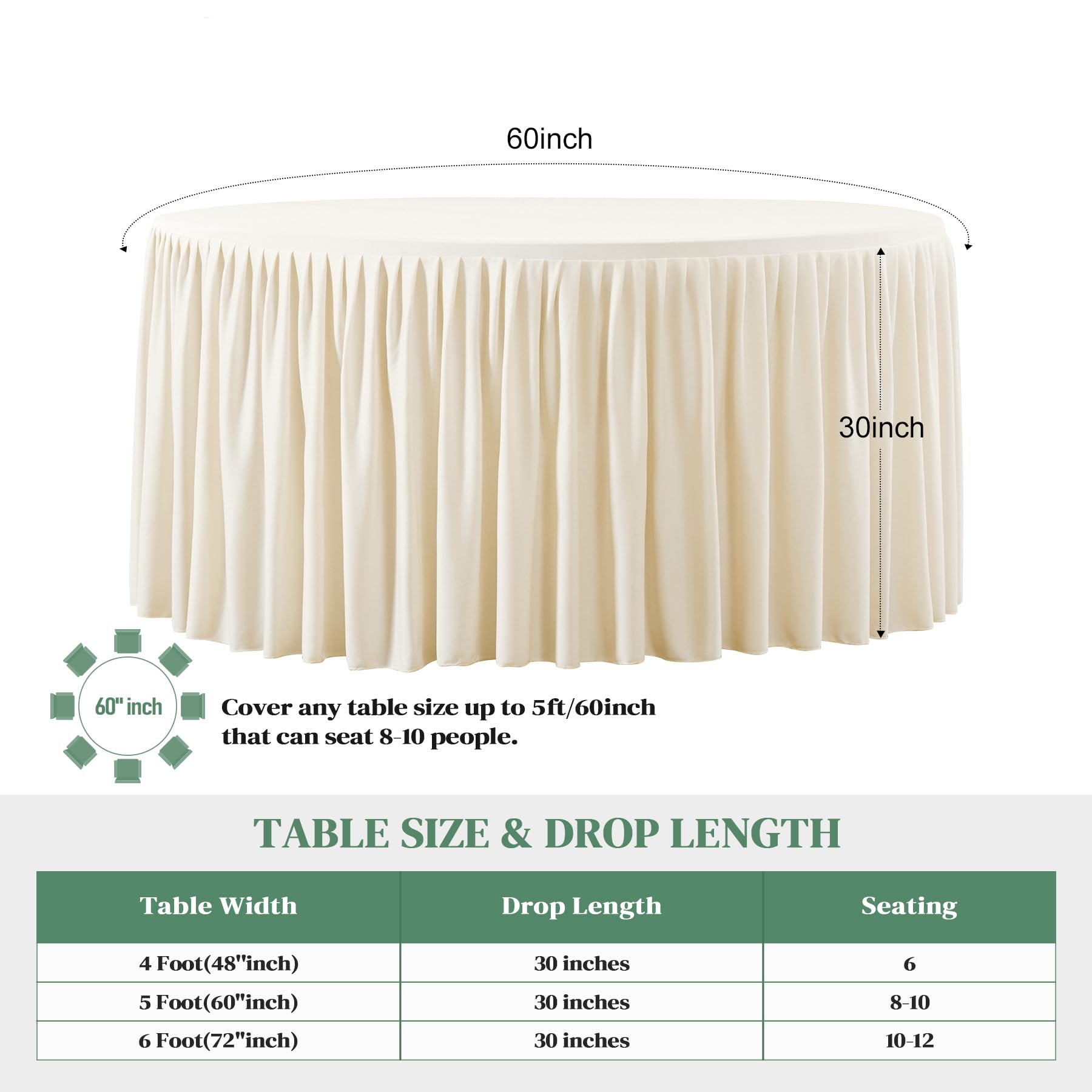 60Inch Ivory Round Tablecloth,4 Pack Wrinkle Resistant 5ft Spandex Tablecloth,Washable Stretchy Polyester Table Cloth Round Cover for Dining Table,Wedding,Reception Banquet, Birthday Party, Buffet