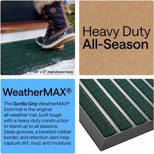 GORILLA GRIP Waterproof All-Season WeatherMAX Doormat - Natural Rubber, Stain Resistant, 29x17, Green Stripe