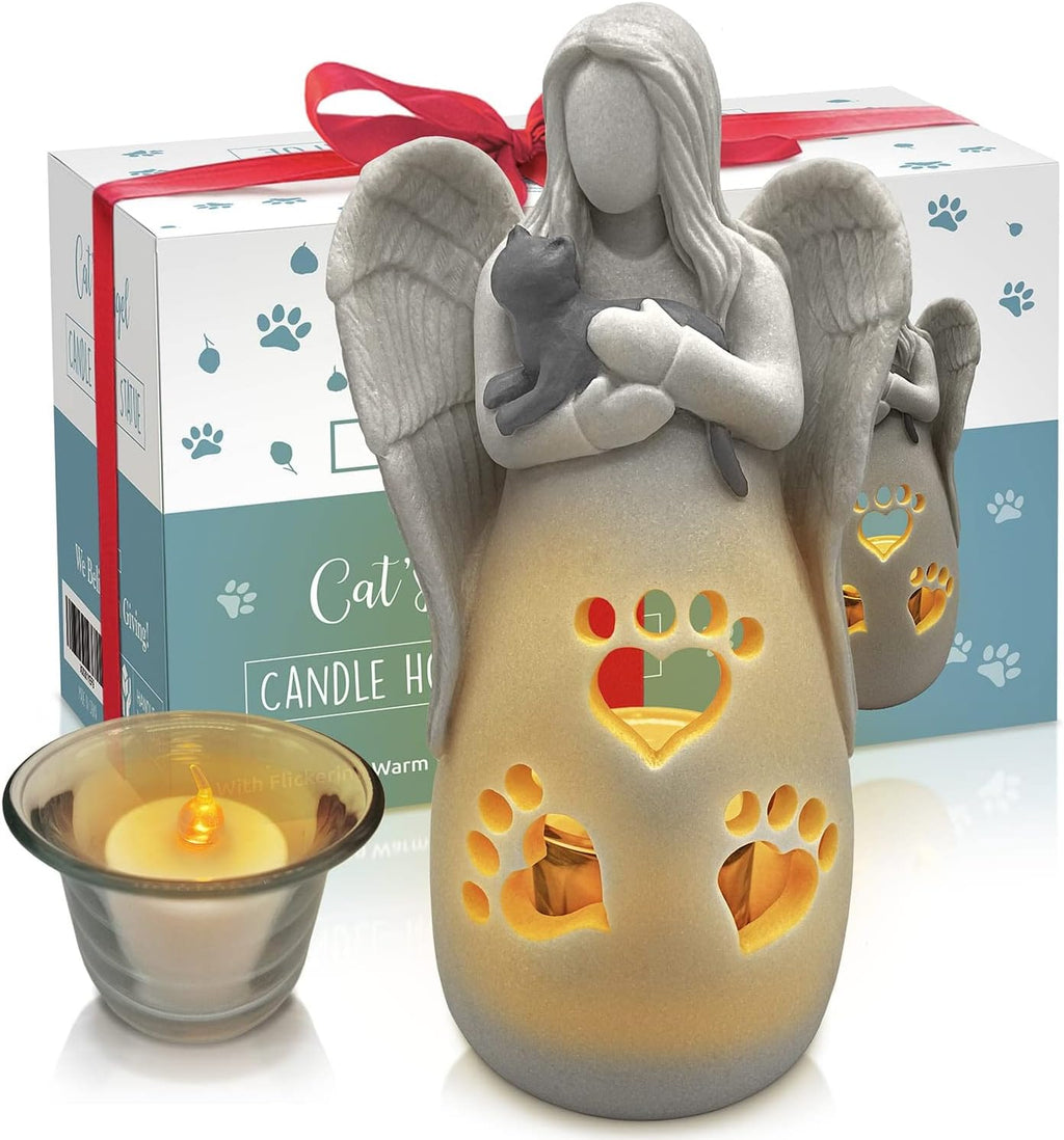 OakiWay Cat Memorial Gifts - Angel Candle Holder Figurine with Flickering LED Light | Sympathy Gifts for Cat Lovers
