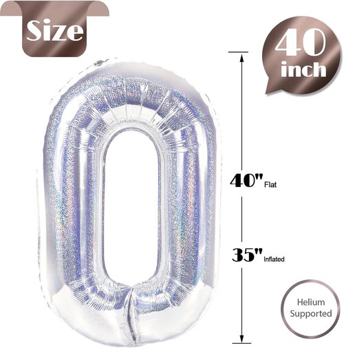 Laser Silver Number Balloon | 40-Inch 0 Number Balloon for Birthday Decorations & Party Supplies