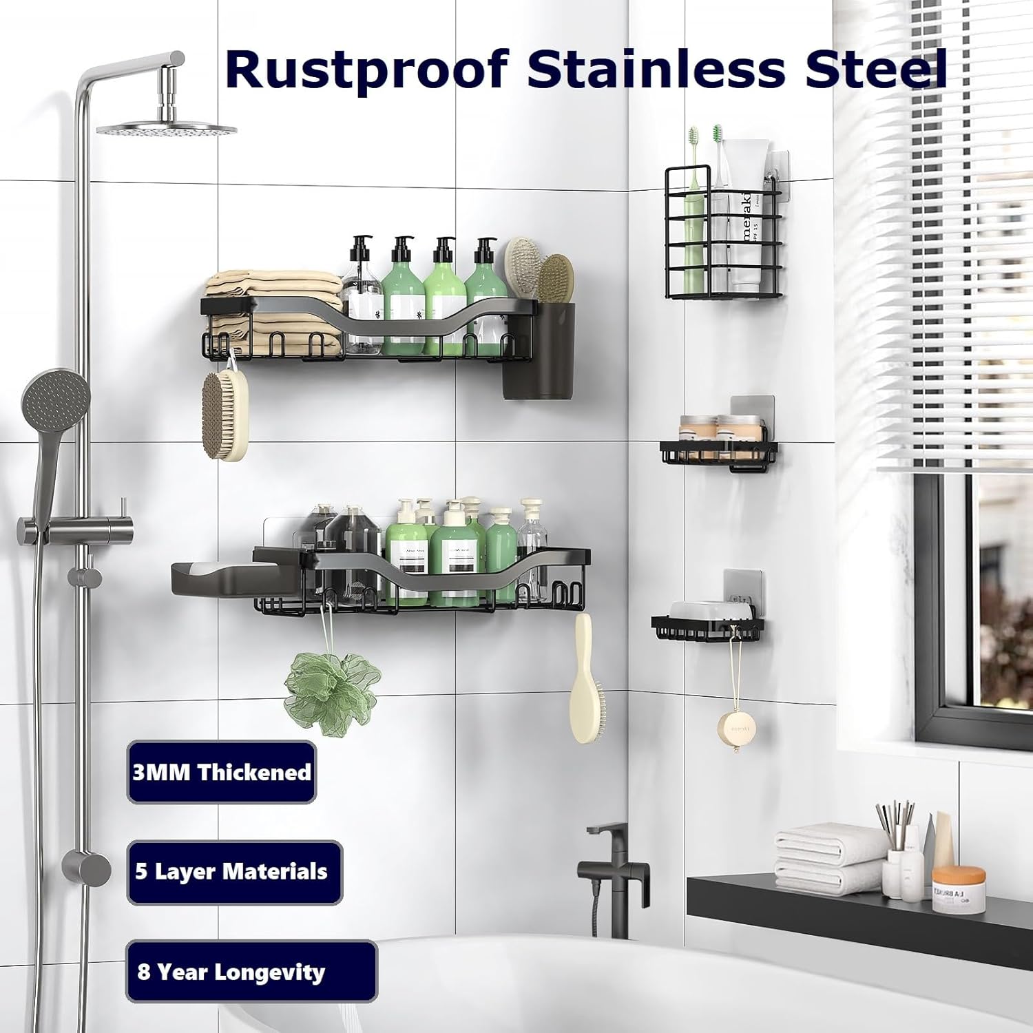 NESOMI Shower Caddy - Rustproof Stainless Steel Organizer with Soap Dish & Hooks | 7-Pack, No-Drill Storage