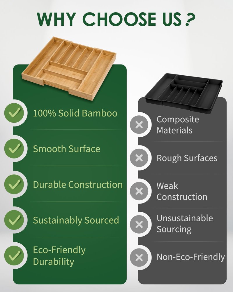Upolana Premium Bamboo Expandable Drawer Organizer, 7-9 Slots Adjustable Kitchen Drawer Organizer for Large Cooking Utensils Cutlery, Kitchen Drawer Organization