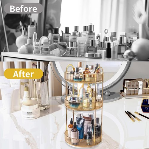 Asayuee 360° Rotating Makeup Organizer - Large Capacity 3-Tier Vanity Storage in Gold