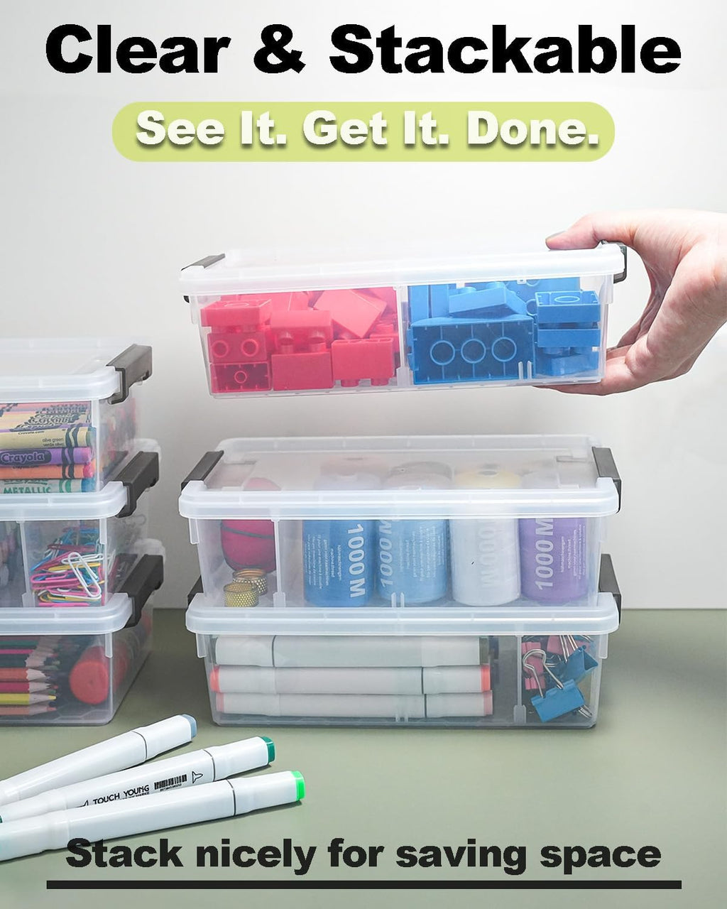 Skiennix Extra Large Pencil Box - Removable Divider & Stackable Design | 12 Pack Grey Storage Containers