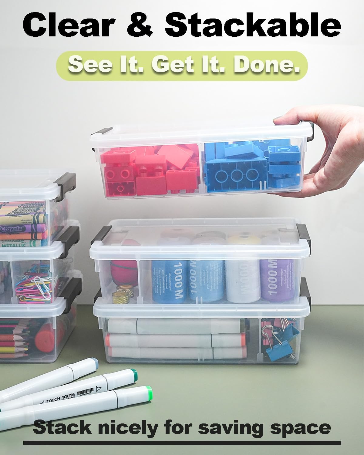 Skiennix Extra Large Pencil Box - Removable Divider & Stackable Design | 12 Pack Grey Storage Containers
