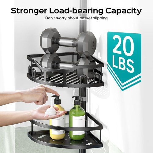 HAMITOR Corner Shower Caddy - Rustproof 4-Tier Bathroom Organizer for Bathtub Shampoo Storage | Adjustable 47-121 Inch Black Rack