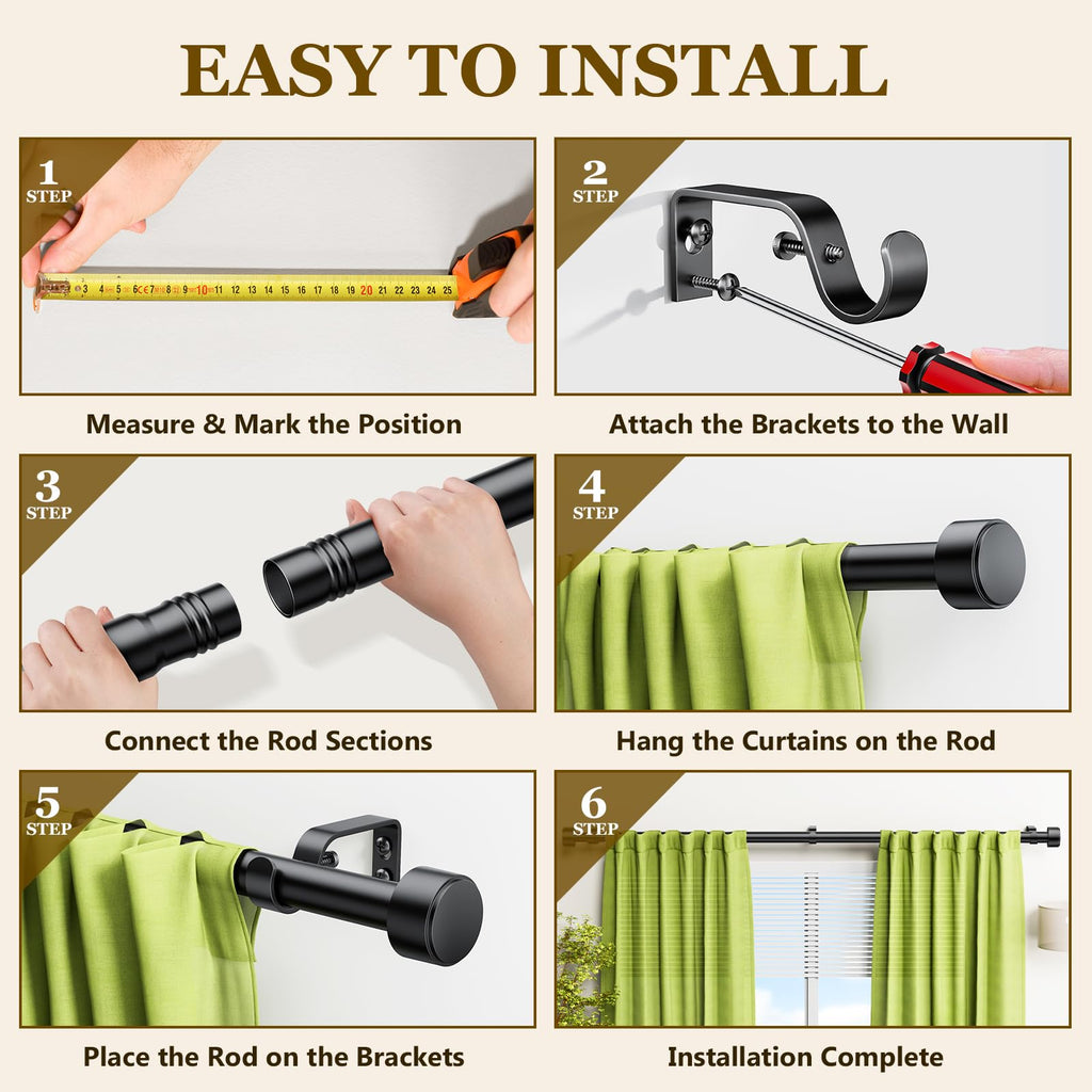 2 Pack Curtain Rods for Windows 32-120 Inch, 1 Inch Adjustable Black Curtain Rod Set with Brackets, Easy Install