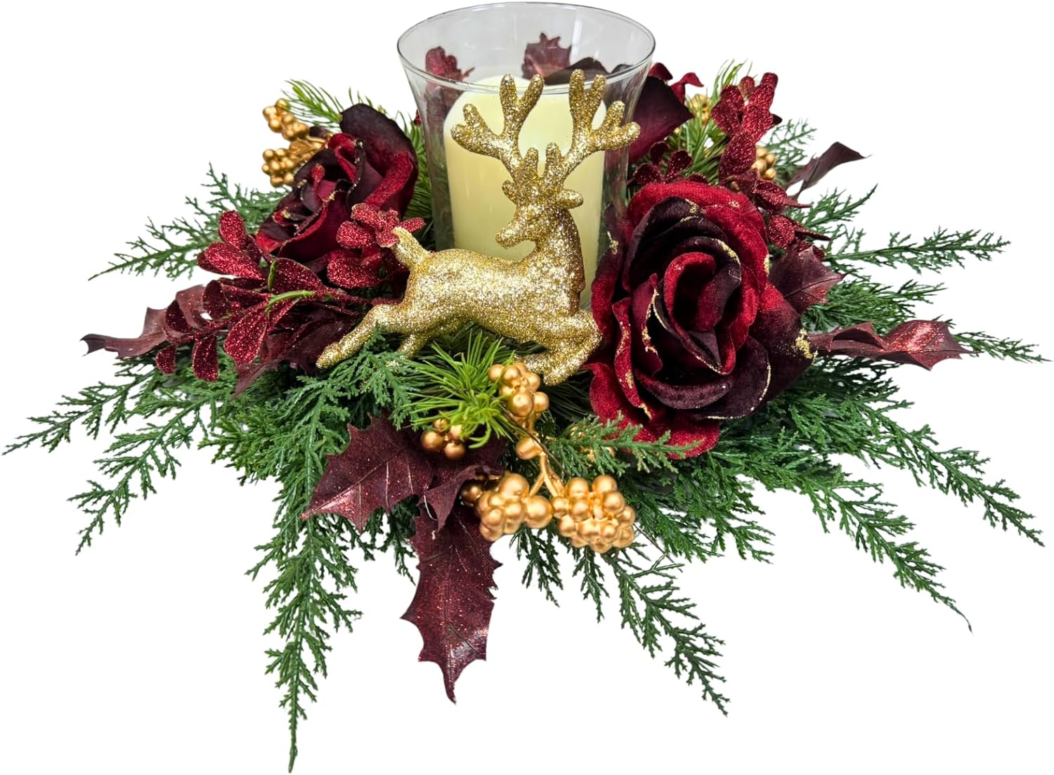 Svndlyn Christmas Glass Candle Holder - Glittery Rose & Reindeer Figurine Decor | Holiday Table Centerpiece
