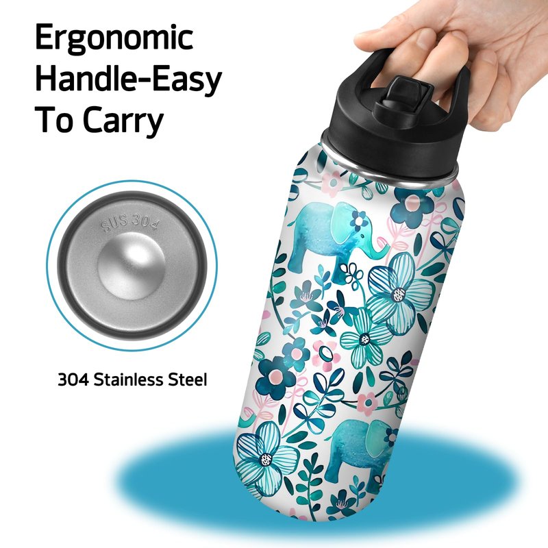 Elephant Water Bottles with Straw, 32 Oz Insulated Stainless Steel Tumbler Cup Mug Elephant Gifts for Women Girls Elephant Lovers