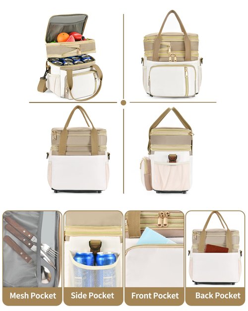 LOKASS Lunch Box for Women-Double Deck Insulated Adults Lunch Bag with Removable Shoulder Strap- Cute Wide Open Lunch Tote for Work/Office/Picnic/Beach/Travel (Brown)