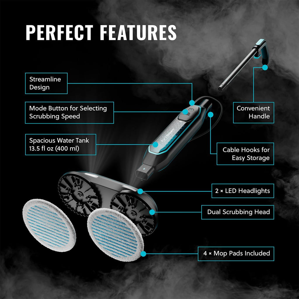 Pursteam ScrubMaster Steam Mop - Dual Scrubbing Head, LED Lights & Adjustable Steam Control | Versatile Cleaning Tool