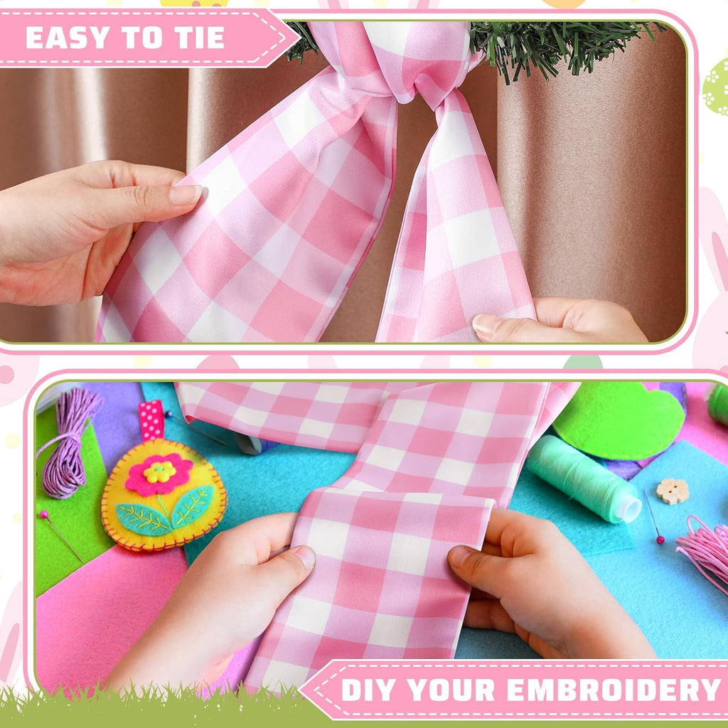 VitalCozy Wreath Sash Set - Chinoiserie Easter Spring Decor | 4.5" W x 56" L in Pink Grid