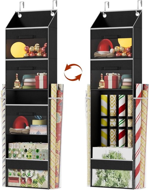 Black Over Door Wrapping Paper Organizer by [Brand Name] - 3 Removable Drawers & Side Pockets | Dual Use Design for Christmas Gift Wrap Storage