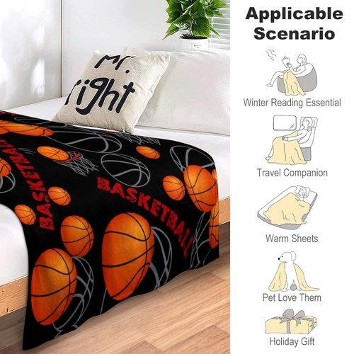Super Soft Basketball Blanket Lightweight Cozy 3D Printed Flannel Soccer Baseball Throw Blankets for Sport Fans Kids Adults Gifts 80"X60"