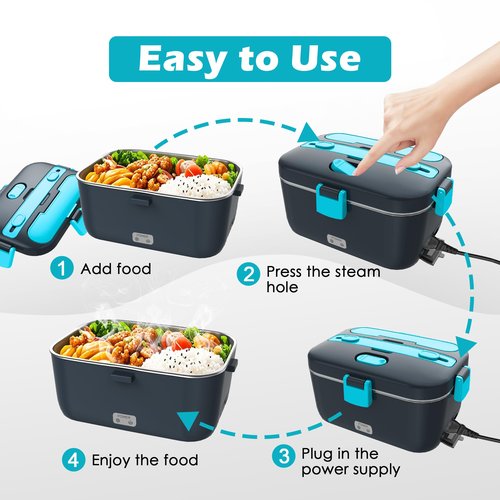 COZYEXPERT Electric-Lunch-Box-Heated-Food-Warmer 100W Heating Lunchbox for Adults 1.8L Portable Food Heater for Work/Car, 12V/24V/110-230V Lonchera Eléctrica Portátil with Fork Spoon (Gray+Blue)