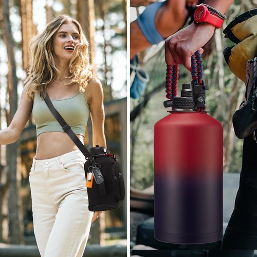 Large Insulated Water Bottles 1 Gallon - Water Jug with Strap Carrier Bag, Straw & Spout Lid, Paracord Handle, Bottle Boot, Big Metal Water Flask Stainless Steel Canteen, 128oz Insulated Water Bottle