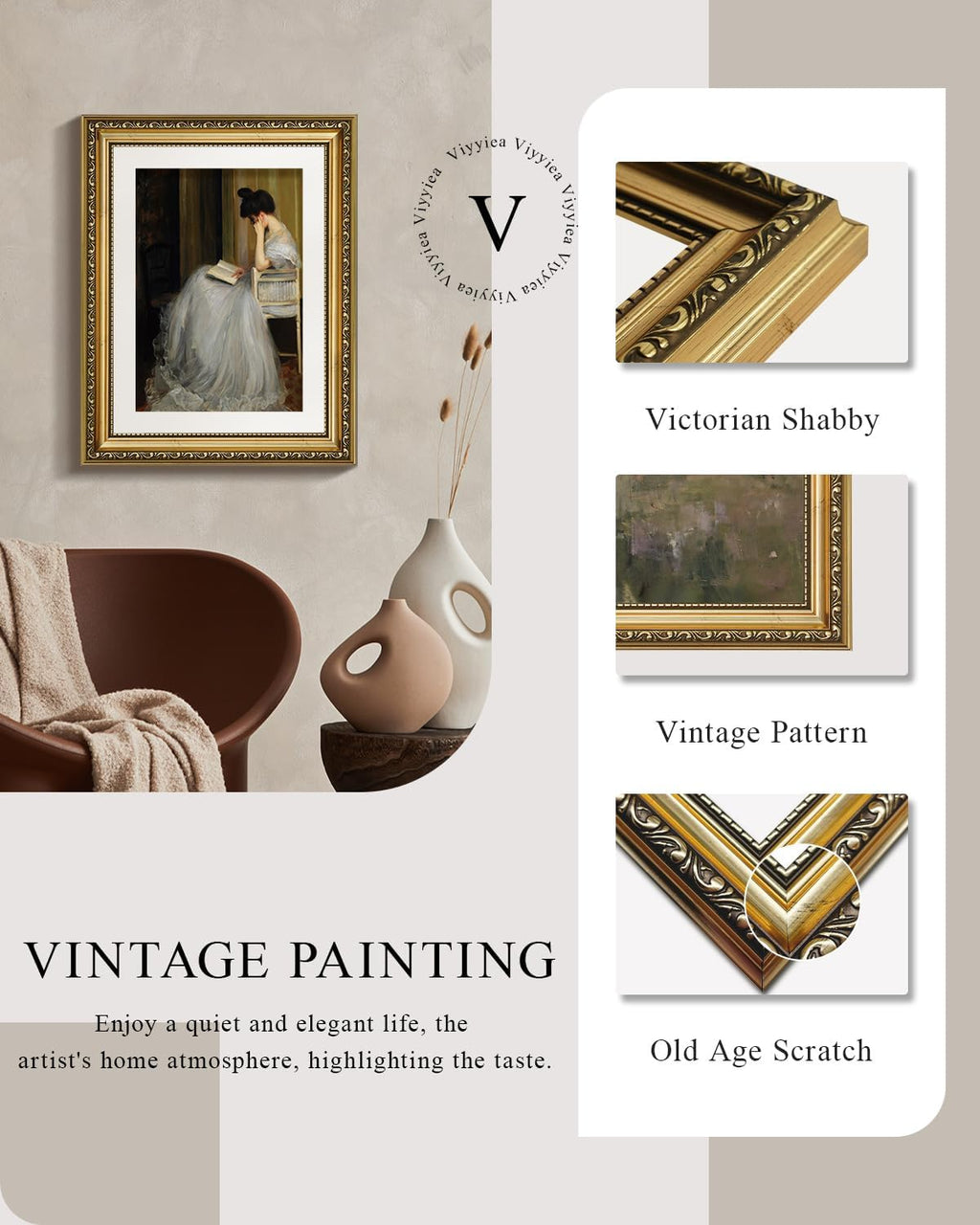 VIYYIEA Gold Framed Wall Art | Elegant Canvas Print Home Decor | White, 11x14 Inches