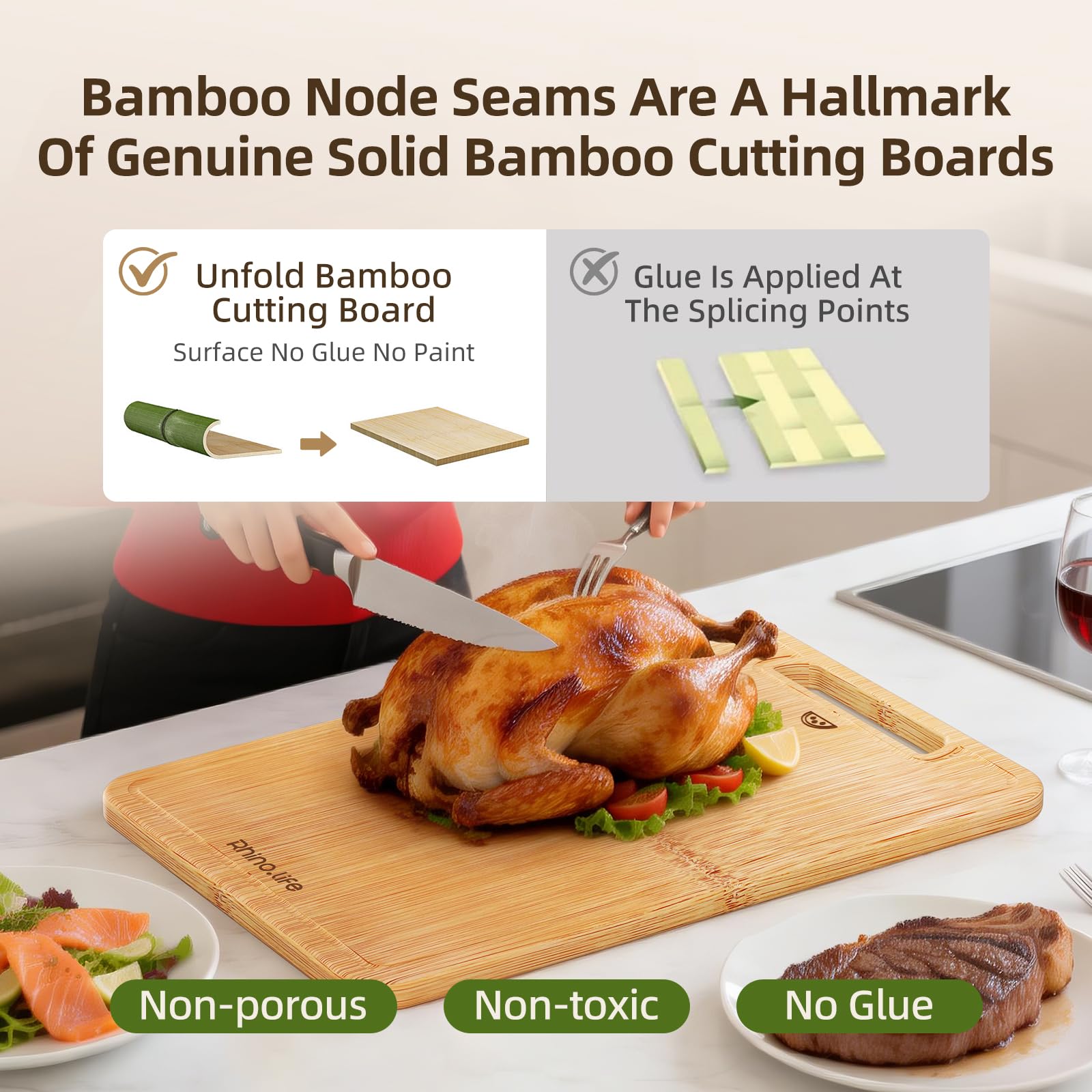 4-Piece Bamboo Wood Cutting Board Set, Dishwasher Safe, Organic Bamboo, No Glue & Non-Toxic & Healthy, with Juice Groove, Lightweight & Durable, Plastic-Free Kitchen Chopping Board for Meat