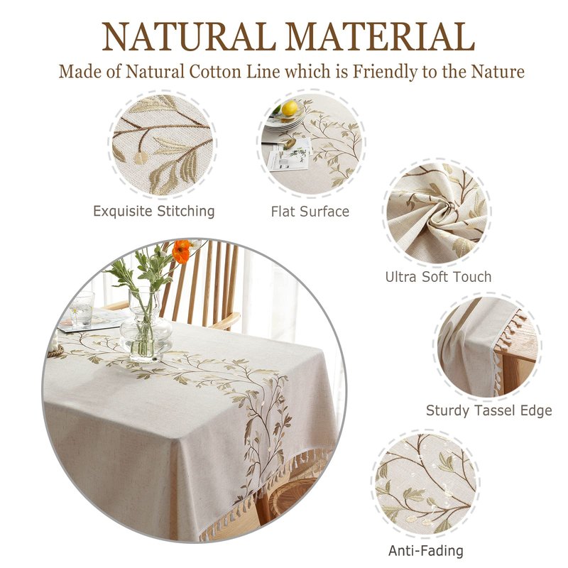 TEWENE Tablecloth, Spring Wrinkle Free Table Cloth Rectangle Farmhouse Linen Table Cover for Picnic, Party, Outdoor (55''x86''/6-8 Seats/Brown Vine)
