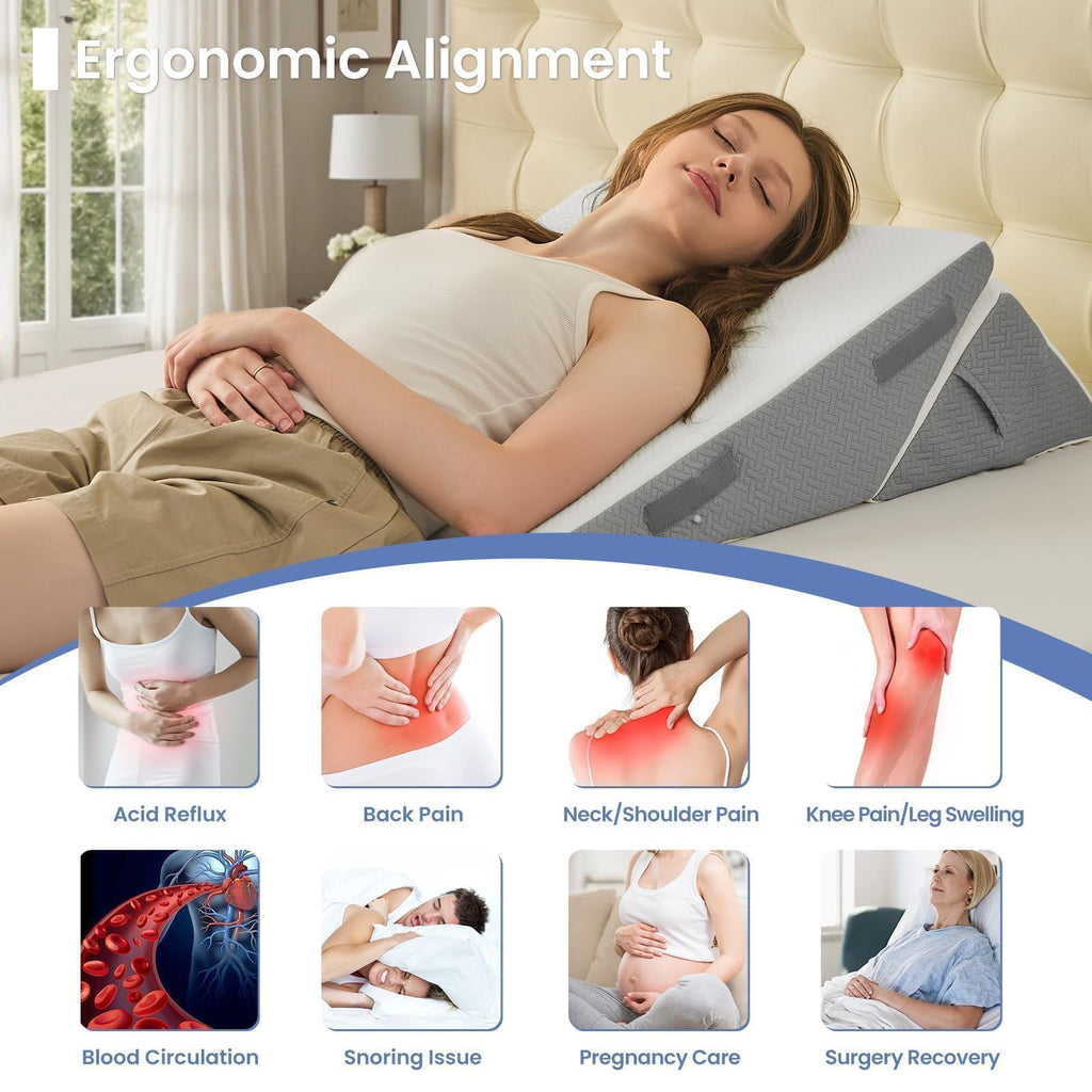 Sasttie Wedge Pillow Set for After Surgery, 2PCS Adjustable Bed Wedge Pillow Headboard with Memory Foam Neck Cushion – for Acid Reflux, Sleeping, Neck & Back Support, Dark Grey & White