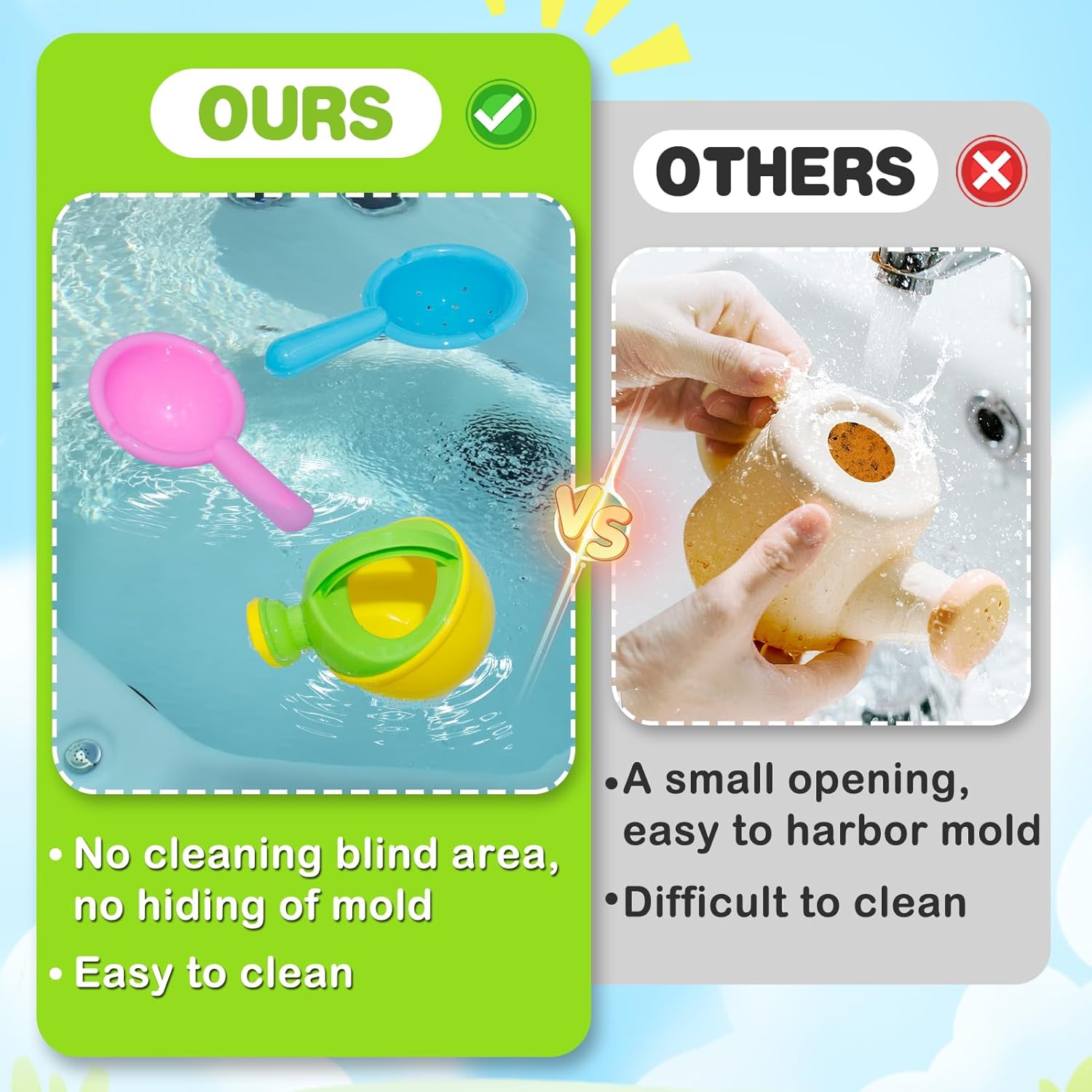 Skiennix Bath Toys for Toddlers 1-3 Years - Easy to Clean, Mold-Free Water Play Set, 3 Pack (Yellow)
