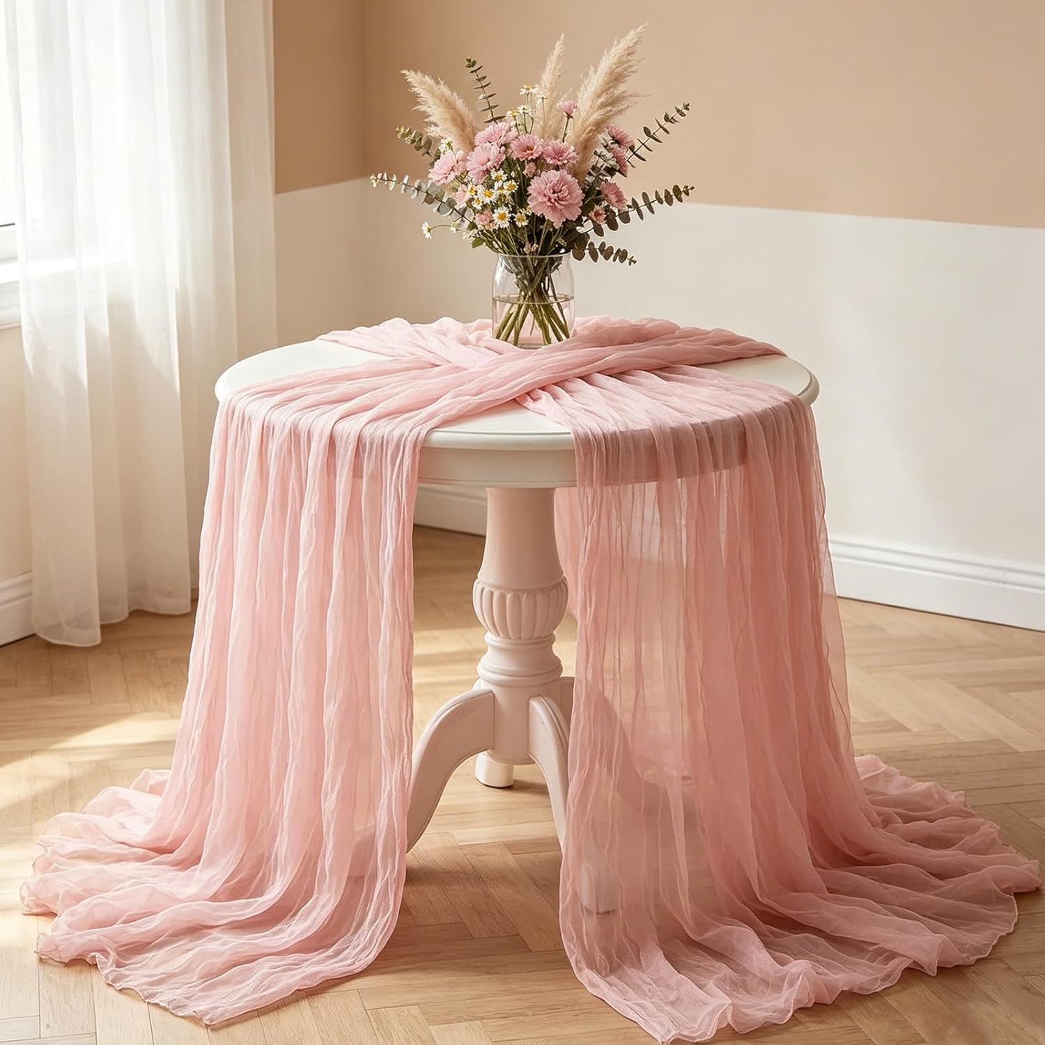 Skiennix Pink Cheesecloth Table Runner - 10FT Dusty Pink Boho Gauze for Spring & Events
