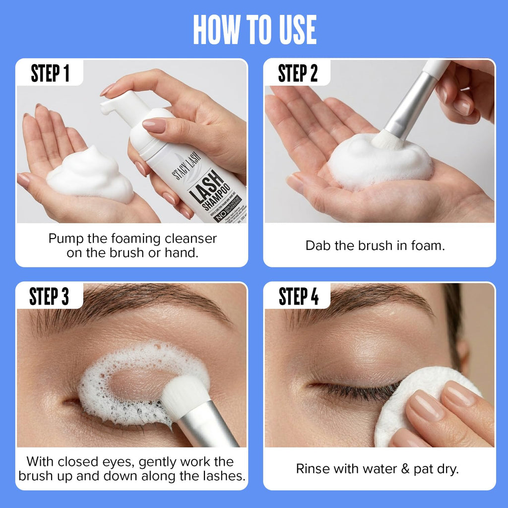 Stacy Lash Eyelash Extension Shampoo - Foaming Cleanser & Brush | 1.69 fl. oz | Safe for Extensions & Natural Lashes