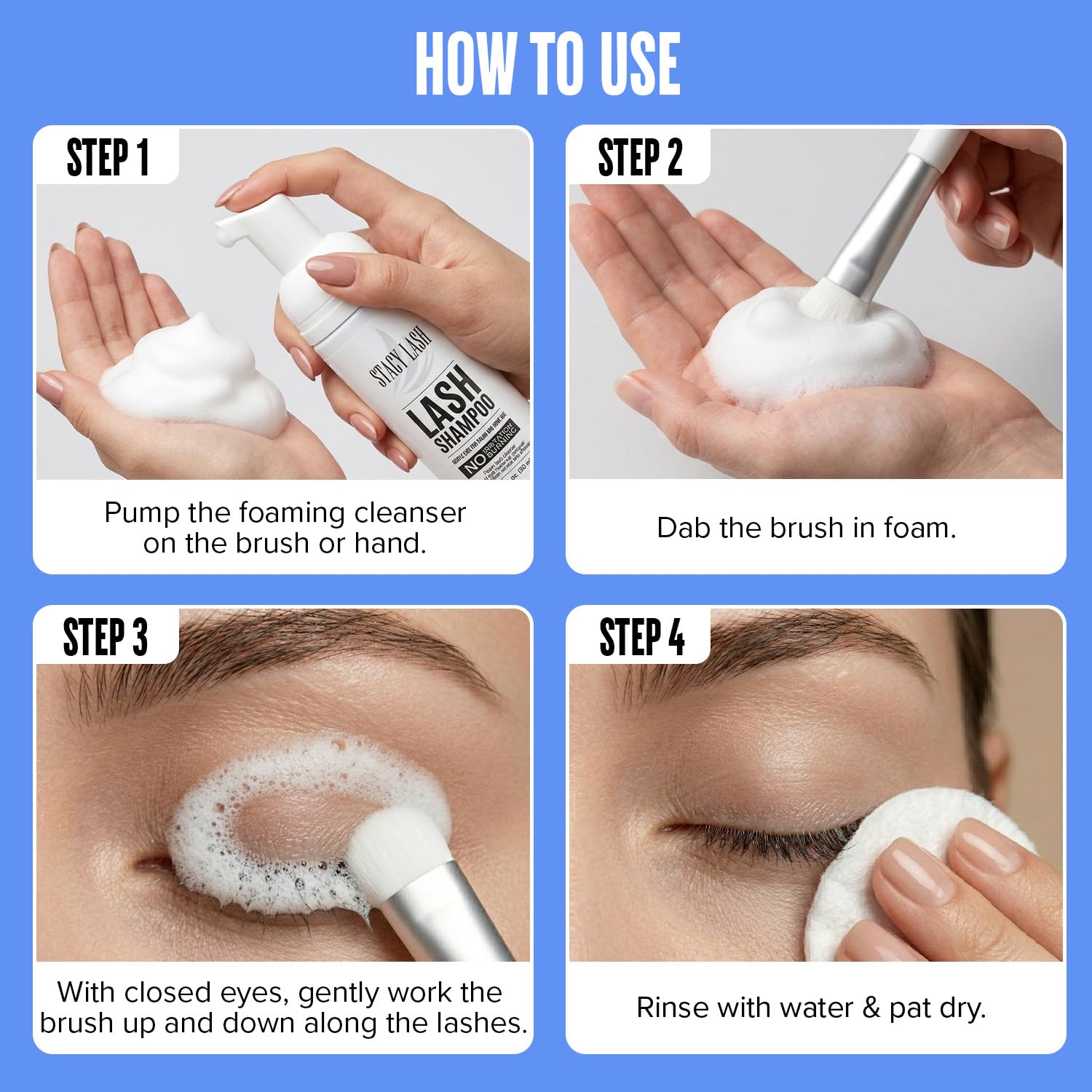 Stacy Lash Eyelash Extension Shampoo - Foaming Cleanser & Brush | 1.69 fl. oz | Safe for Extensions & Natural Lashes