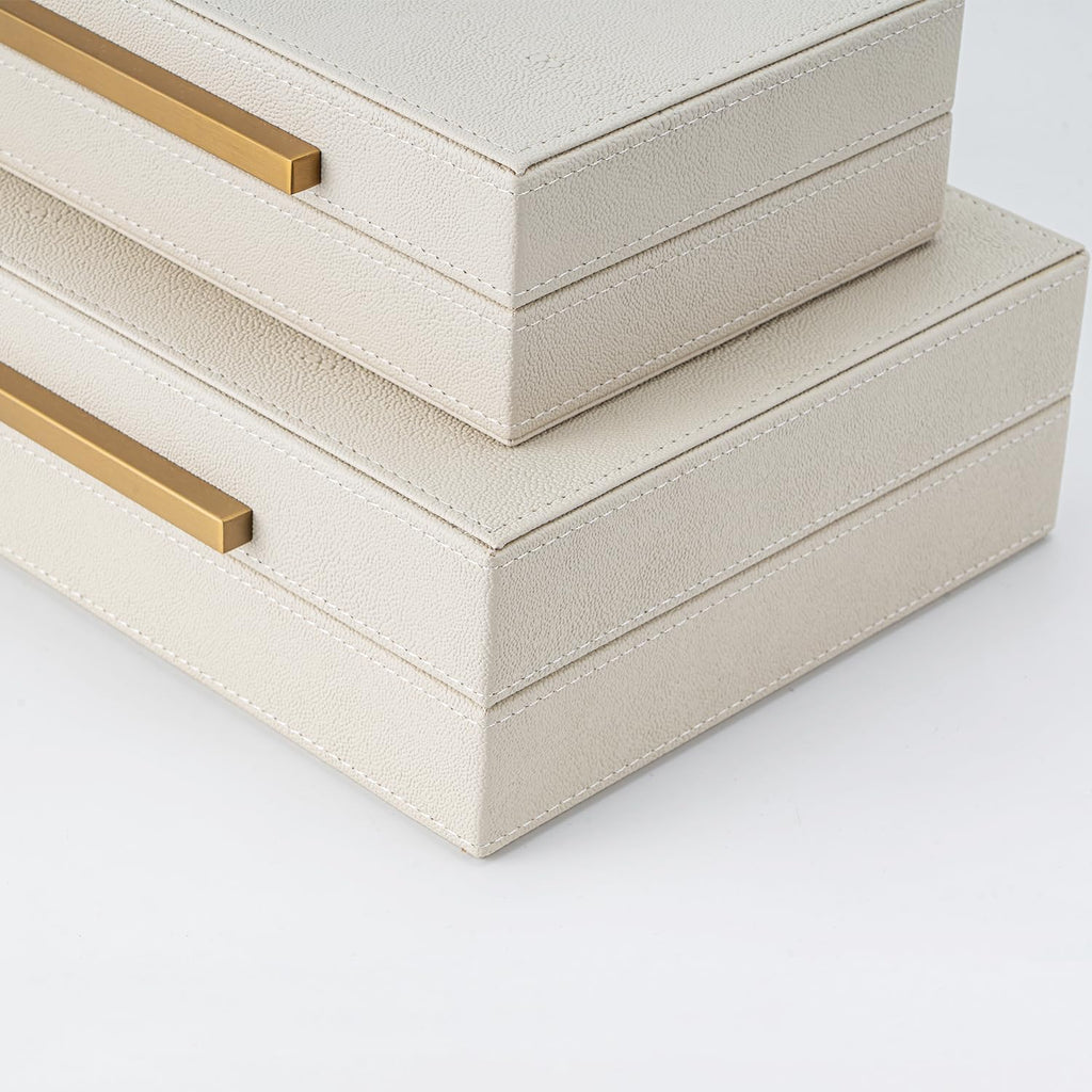 XIGEXIGE Faux Leather Jewelry Box - Large Stackable Organizer Set of 2 in Beige Shagreen with Gold Handles