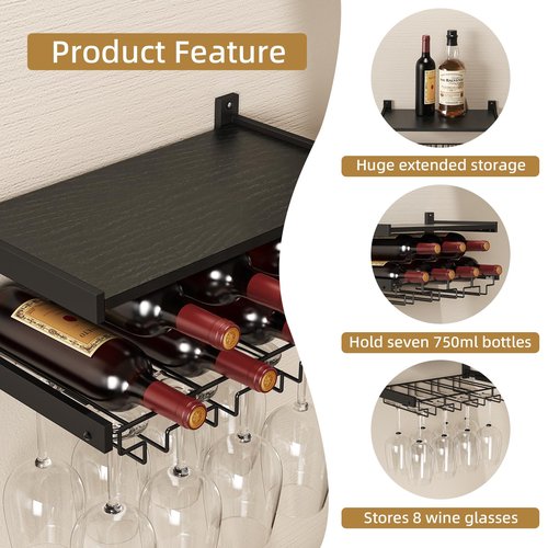 B4Life Wine Rack Wall Mounted with Stemware Hanger, Wine Glass Holder Industrial, Glass Bottle Shelf for Wall, Floating Shelves with Storage, Liquor Bottle Holder for Bar Shelves, Kitchen(Black, 1)