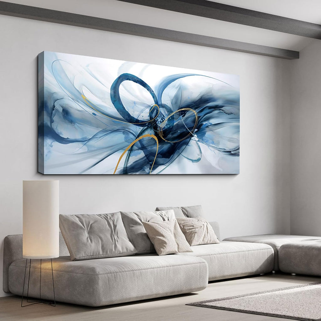 XLSJERST Extra Large Canvas Wall Art - Modern Abstract Design in Blue and White for Living Room Decor