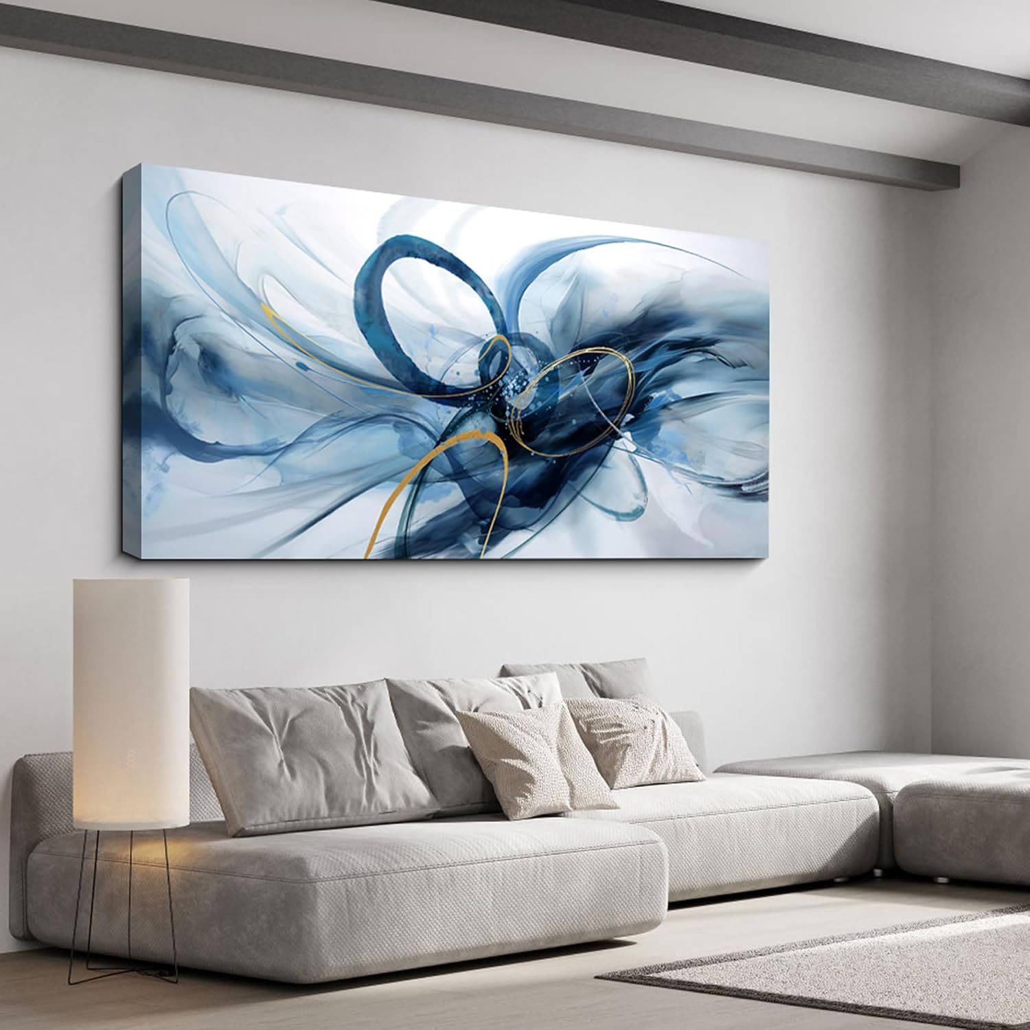 XLSJERST Extra Large Canvas Wall Art - Modern Abstract Design in Blue and White for Living Room Decor