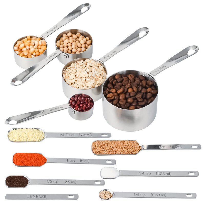 Nstezrne Stainless Steel Measuring Cups and Spoons Set of 12, 5 Dry Measuring Cups and 6 Measuring Spoons With Leveler for Kitchen