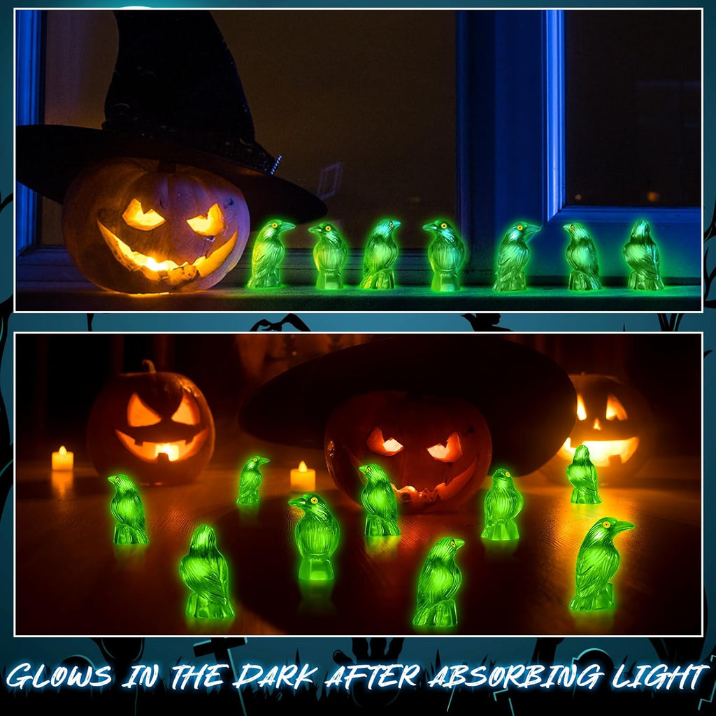 Skiennix Halloween Miniature Crows - Glow In The Dark Resin Figurines | 100 Pcs Spooky Decor