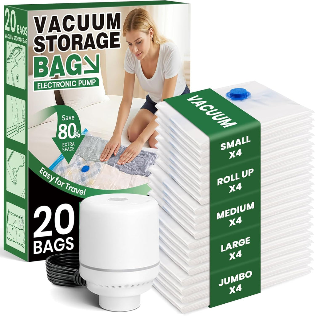 Skiennix Vacuum Storage Bags - 20-Pack with Electric Air Pump | Space-Saving for Clothes, Comforters & More - 4 Jumbo, 4 Large, 4 Medium, 4 Small, 4 Roll-Up