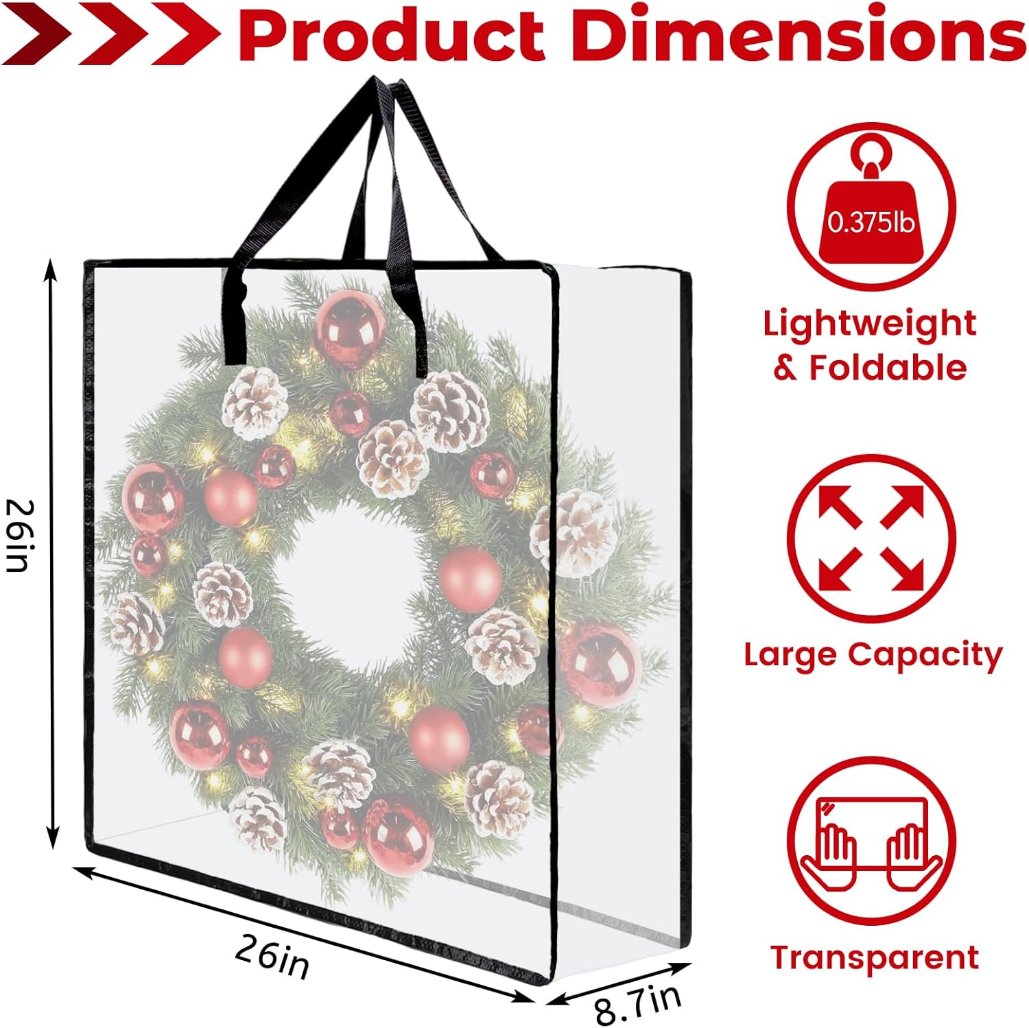 Regine Switzerland Wreath Storage Bag - 26 Inch Clear Container for Christmas Decor | 5 Pack