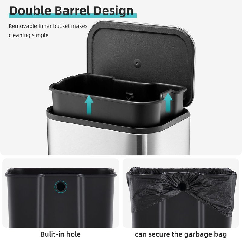 GlowSol Kitchen Trash Can with Lid, 8 Gallon Stainless Steel Garbage Can, Rectangular Step On Waste Bin with Foot Pedal & Inner Bucket, Quiet Close, for Kitchen Office