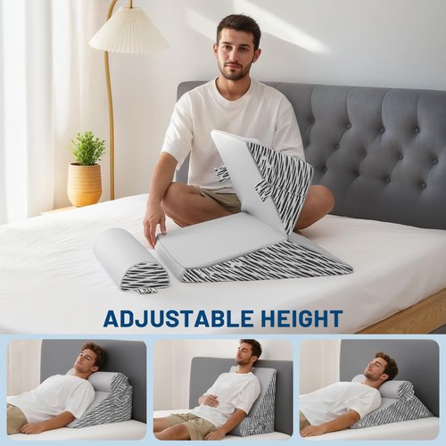 Lewondr Wedge Pillow for After Surgery, Adjustable Bed Wedge Pillow for Headboard Set with Side Pockets Fastener for Sleeping, Snoring, Back Pain & Acid Reflux Relief