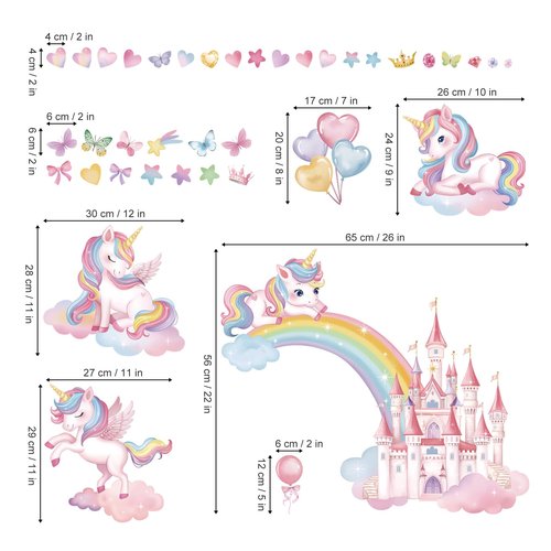 wondever Rainbow Castle Wall Stickers Unicorn Butterfly Balloon Peel and Stick Wall Art Decals for Baby Nursery Girls Bedroom Toddler Room