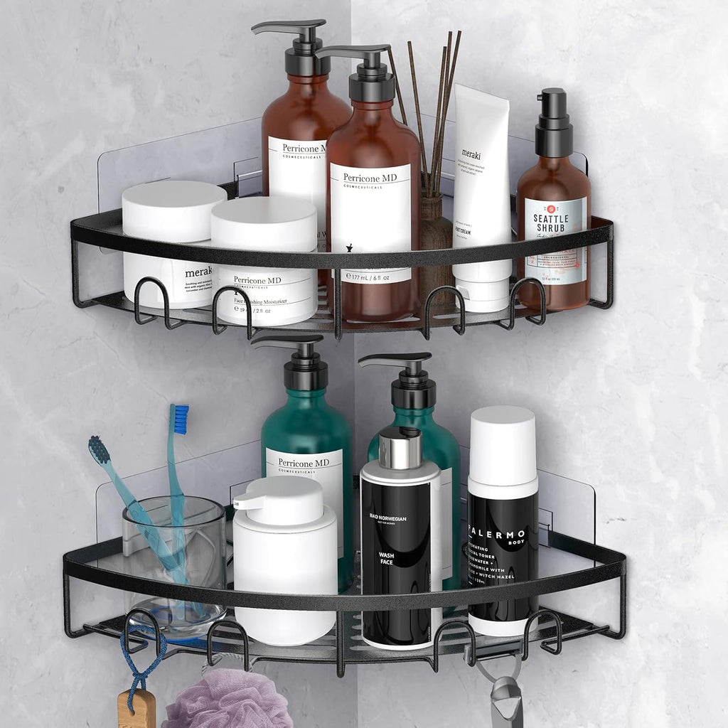 Skiennix Corner Shower Caddy - 2 Pack Adhesive Bathroom Organizer Shelf | No Drilling, Rustproof, Black